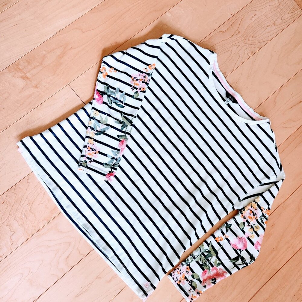 JOULES US sz 8 Women Harbour Floral Printed Cotton Jersey Top Navy White Stripes - Picture 2 of 11